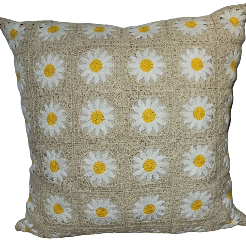 Large Boho Daisy Crochet Pillow Yellow White Tan Flowers Floral 18x18 Zip Cover